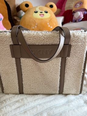 DKNY Cream Shearling Tote with Taupe Trim